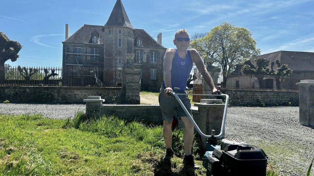 Ash working outside the tower at Chateau De Lalacelle